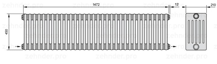 Схема (чертеж) Радиатор Zehnder Charleston 6045/32 №2670 Белый глянцевый RAL 9016